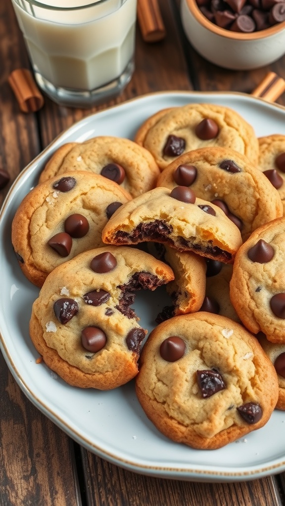 Close-up of chocolate chip cookies on a plate, with gooey chocolate and a sprinkle of sea salt.